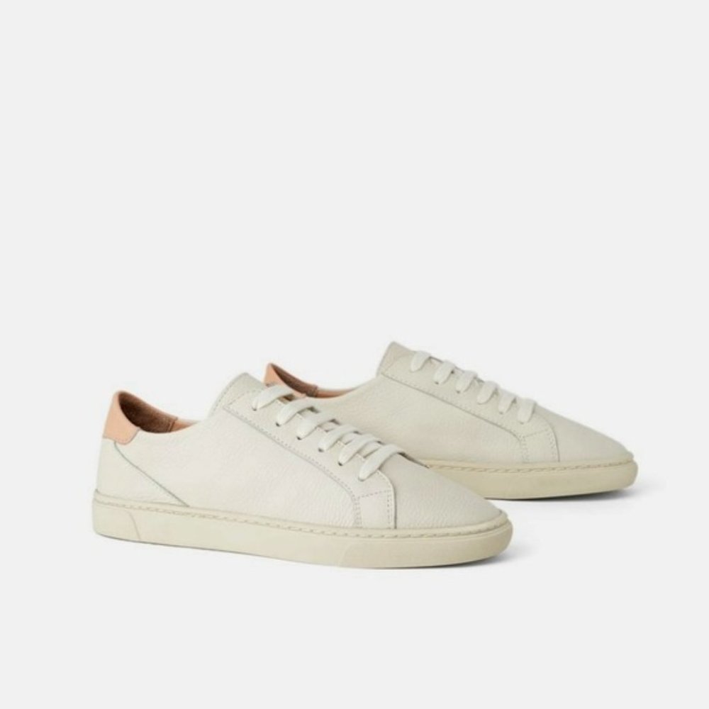 Zara White Soft Leather Lace Up Low Sneakers